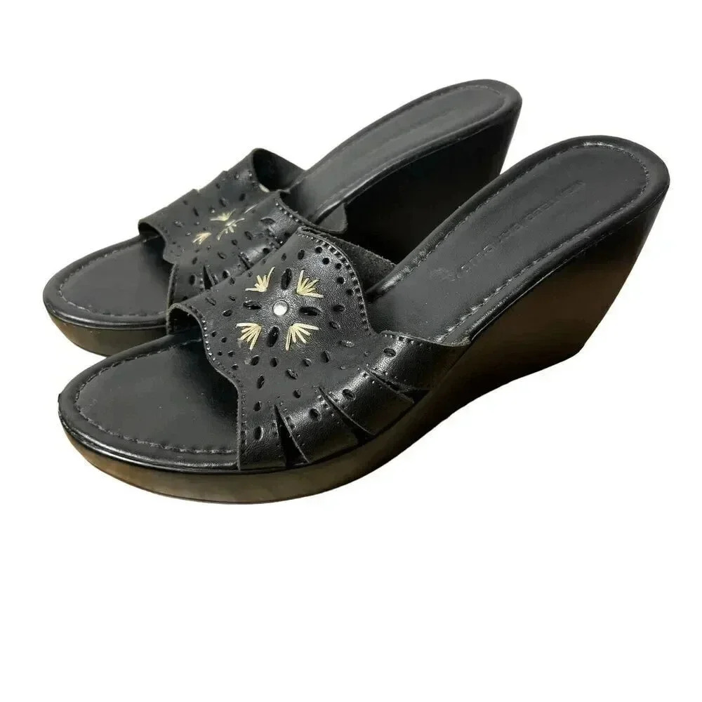 Vintage Shoes Montego Bay Club Women's 8.5 Y2K Black Wedge Mule Leather Slide